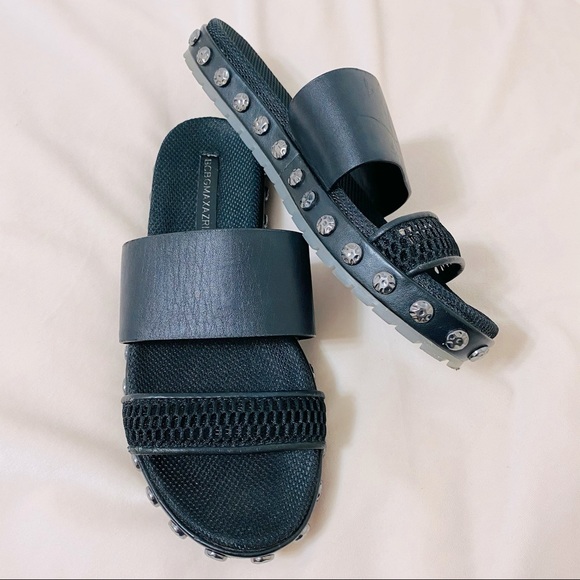 BCBG Black Studded Leather Slip On Sandals Size 6 - Picture 2 of 15